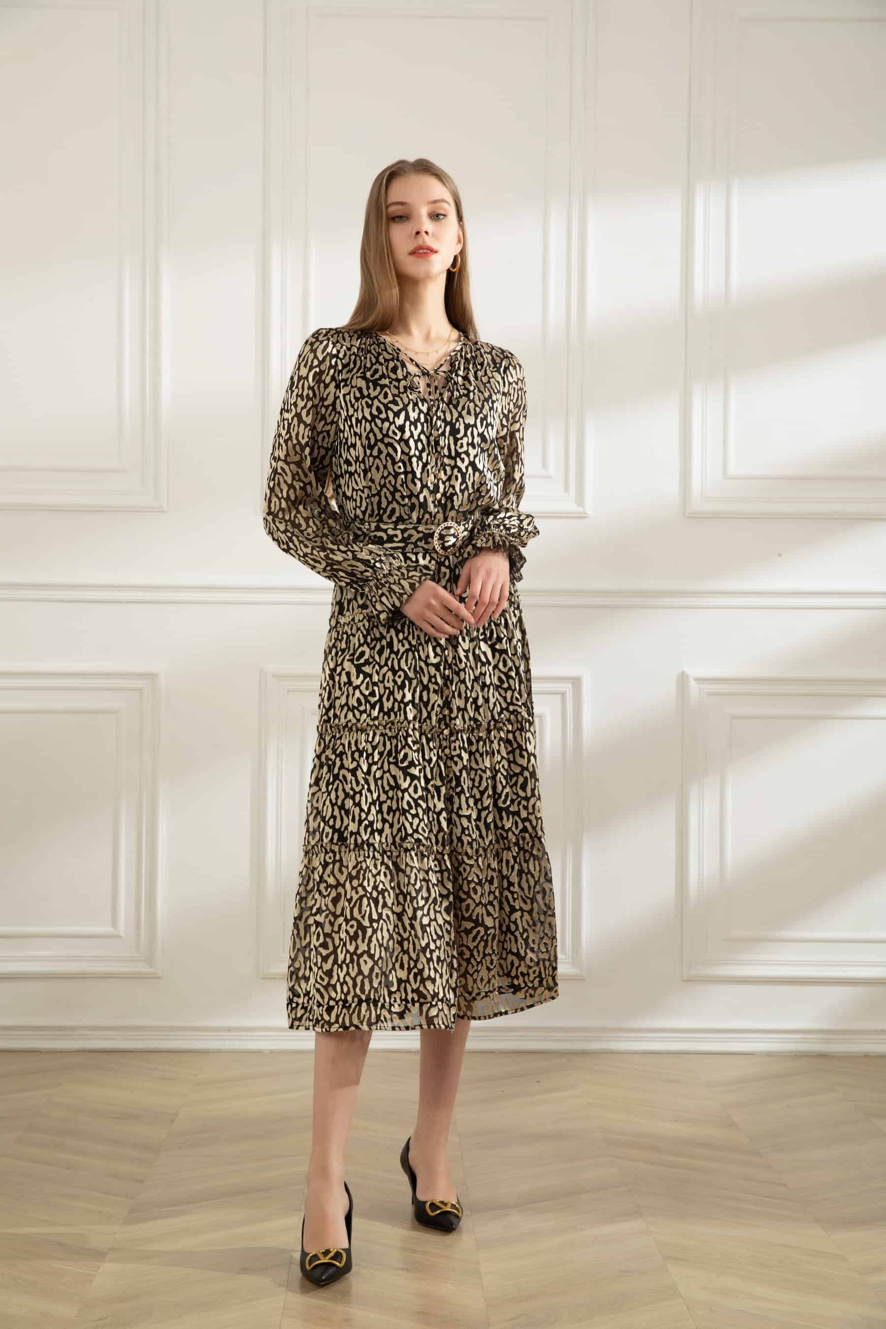 GDS Estelle Belted Dress | Gold - Black Print DRESSES autumn-winter AW 23 Catch DRESSES GDS GOLD L M RACES S SALE 40 % wedding guest dress XL XS