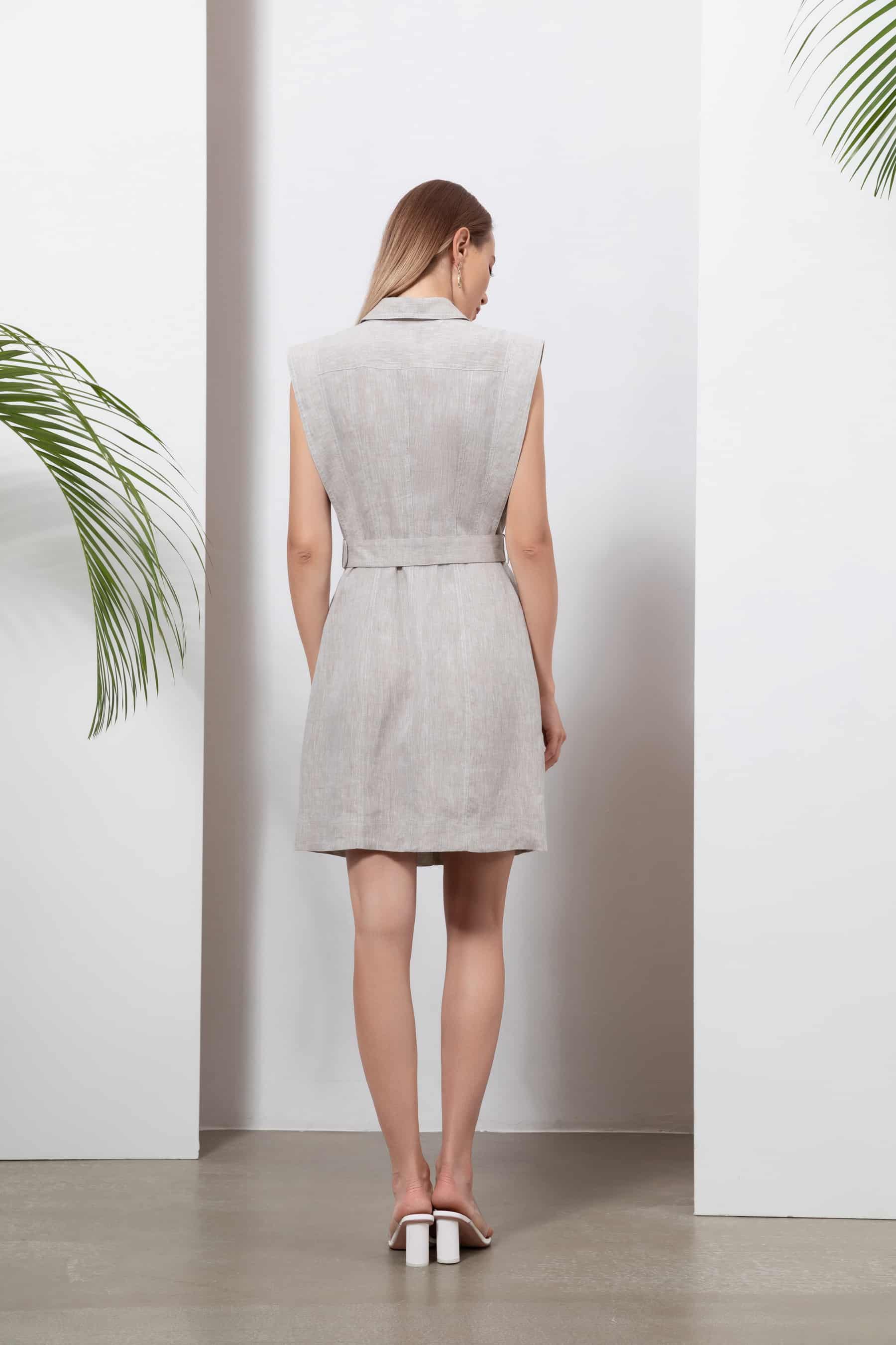 GDS Georgette Belted Linen Dress | French Oak DRESSES BEIGE BRUNCH Catch DRESSES GDS HOLIDAY L M S SPRING-SUMMER WORK XL XS