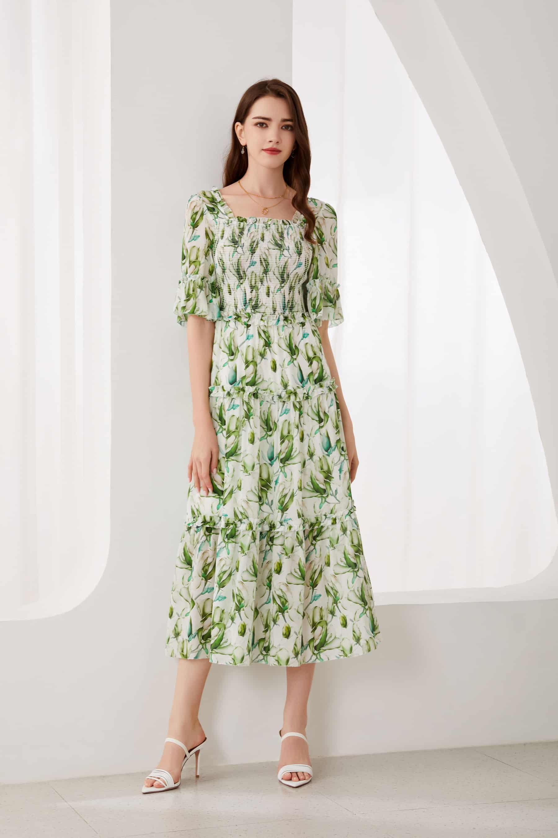 GDS Risette Silk Long Dress | Green Print
