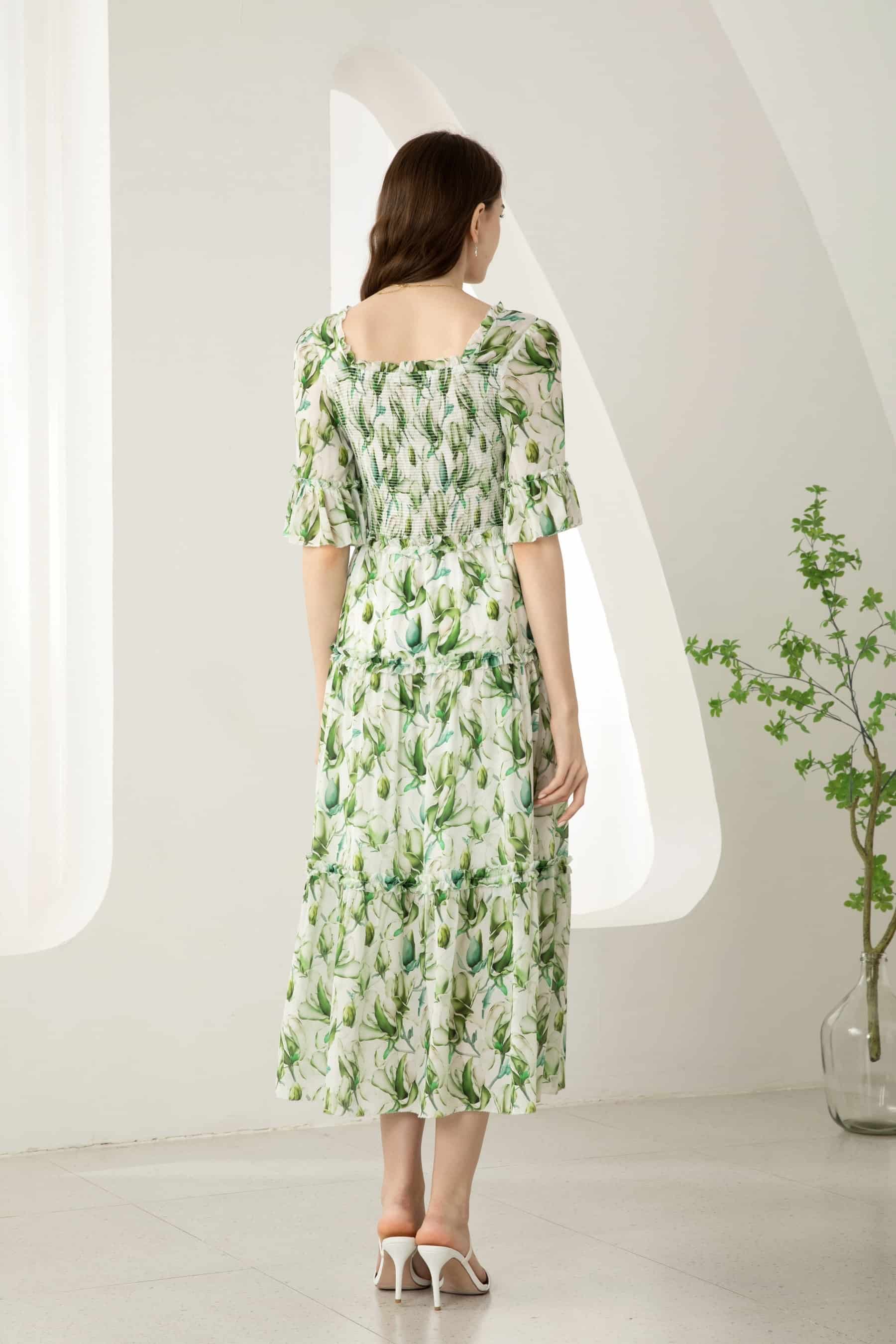 GDS Risette Silk Long Dress | Green Print